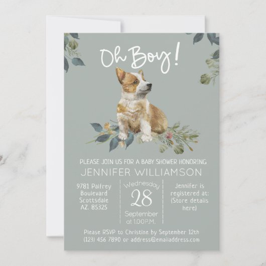 おお！犬の赤ちゃんシャワーコーギパピー 招待状 (正面)