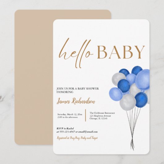 おお！ 現代の青いユーカリ風船のベビーシャワー 招待状 (正面/裏面)