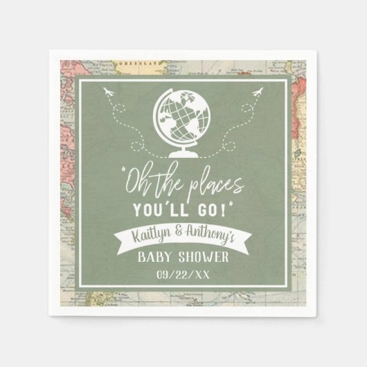 「おお、行く場所よ!」 旅行マップ赤ちゃんシャワー スタンダードカクテルナプキン (正面)
