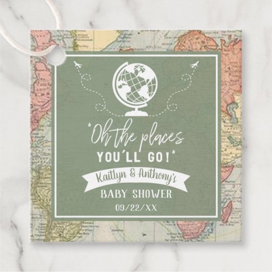 「おお、行く場所よ!」 旅行マップ赤ちゃんシャワー フェイバータグ (正面)