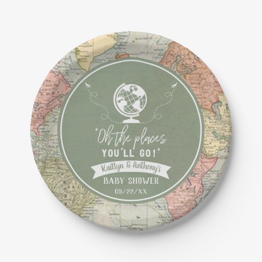 「おお、行く場所よ！」 旅行マップ赤ちゃんシャワー ペーパープレート (正面)