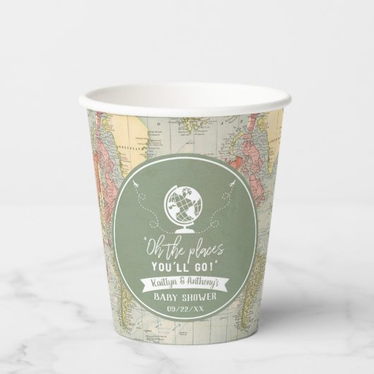 「おお、行く場所よ！」 旅行マップ赤ちゃんシャワー 紙コップ (正面)