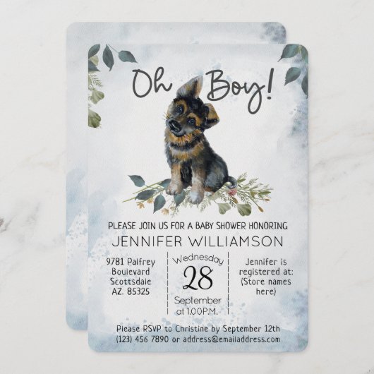 おお!GSD子犬のモダン水の色ベビーシャワー 招待状 (正面/裏面)