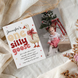 おかしいガチョウのクリスマスリボン 1歳の誕生日写真 招待状