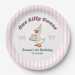 おかしいガチョウのピンクのリボンの女の子の1歳の誕生日パーティー ペーパープレート