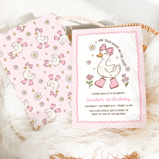 おかしいガチョウのピンクのリボンフローラル1歳の誕生日 招待状