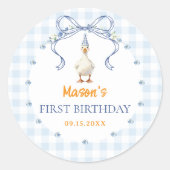 おかしいガチョウの男の子1歳の誕生日 ブルーギンガム ラウンドシール (正面)