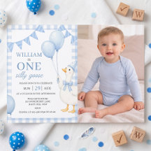 おかしいガチョウの青い男の子1歳の誕生日招待状
