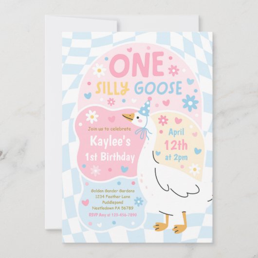 おかしいガチョウの1歳の誕生日パーティー 春の誕生日 招待状 (正面)