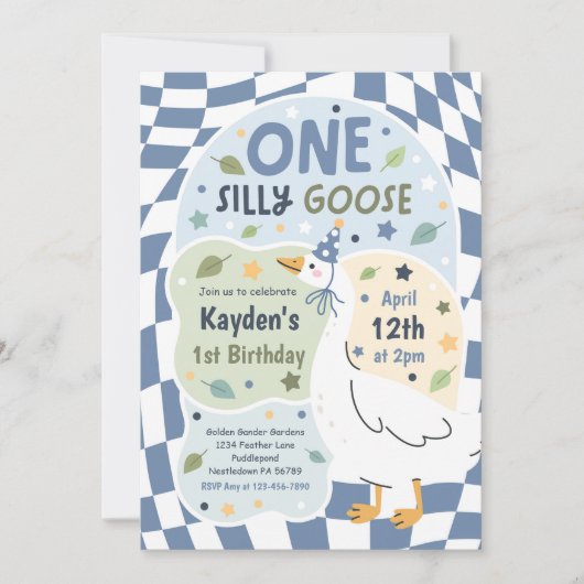 おかしいガチョウの1歳の誕生日パーティー 春の誕生日 招待状 (正面)
