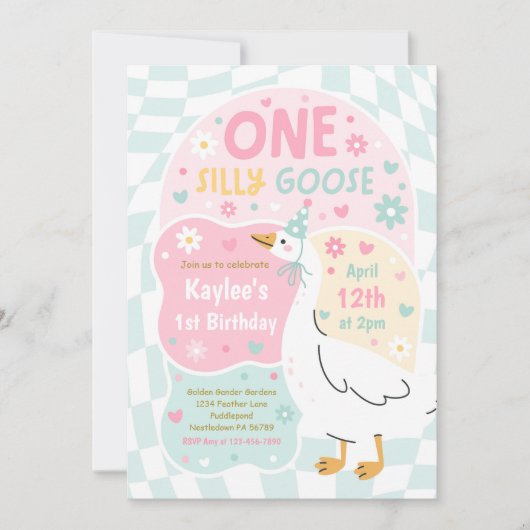 おかしいガチョウの1歳の誕生日パーティー 春の誕生日 招待状 (正面)