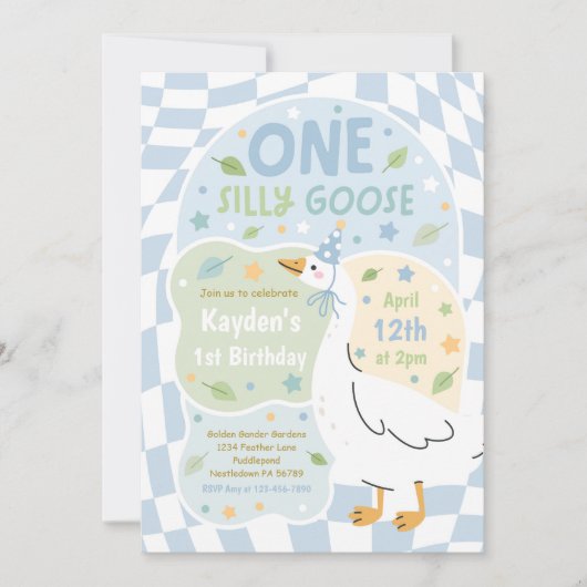 おかしいガチョウの1歳の誕生日パーティー 春の誕生日 招待状 (正面)