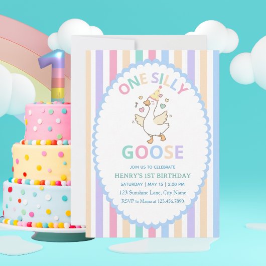 おかしいガチョウの1歳の誕生日+写真入り招待状 招待状