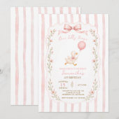 おかしいガチョウ ピンクのリボンを付けた女の子 1歳の誕生日  招待状 (正面/裏面)