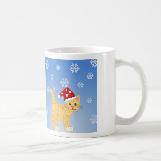 おかしいクリスマス猫黄色の雪の結晶 コーヒーマグカップ (右)