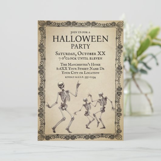 おかしいスケルトンが踊るヴィンテージ・ハロウィンパーティー 招待状 (スタンド正面)