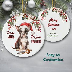 おかしいボストンテリアの子犬 いたずらなクリスマスを定義する セラミックオーナメント