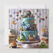 おかしいモンスターが飾った子供の誕生日ケーキ カード (正面)