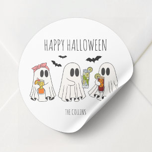 おかしいレトロな幽霊とカクテル ハッピーハロウィン ラウンドシール