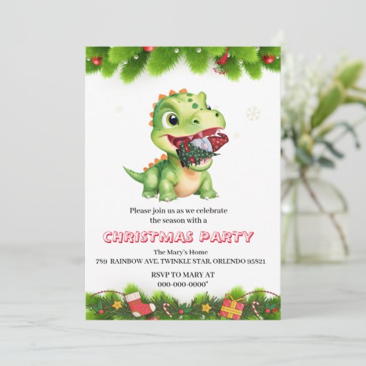 おかしい恐竜が小人のクリスマスツリーのパーティーのプレゼントを食べる 招待状 (スタンド正面)