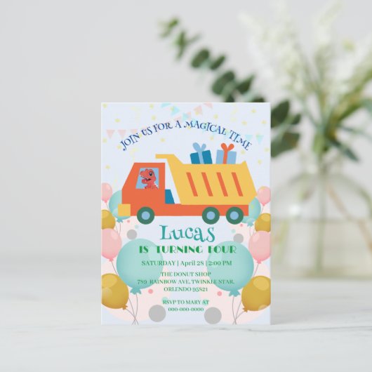 おかしい恐竜 ゴミ収集車 誕生日パーティー 名前 ポストカード (スタンド正面)