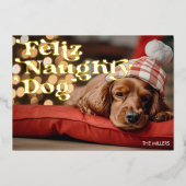 おかしい Feliz いたずらな犬のペット クリスマス 現代 箔シーズンカード (正面)