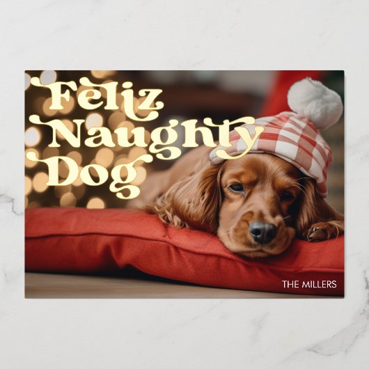 おかしい Feliz いたずらな犬のペット クリスマス 現代 箔シーズンカード (正面)