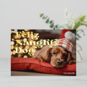 おかしい Feliz いたずらな犬のペット クリスマス 現代 箔シーズンカード (立ち正面)