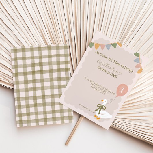 おかしなキツネのピンク風船のガーランド 1歳の誕生日 招待状