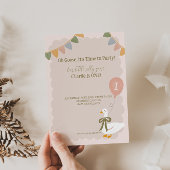 おかしなキツネのピンク風船のガーランド 1歳の誕生日 招待状