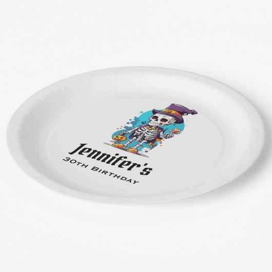 おかしなハロウィーンスケルトン着用トップハット誕生日 ペーパープレート (アングル)