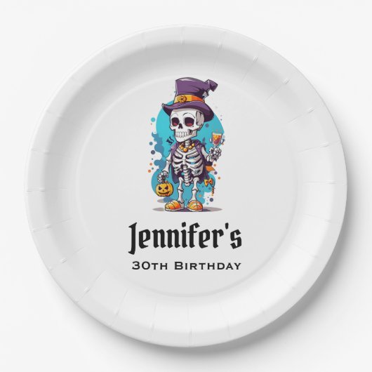 おかしなハロウィーンスケルトン着用トップハット誕生日 ペーパープレート (正面)