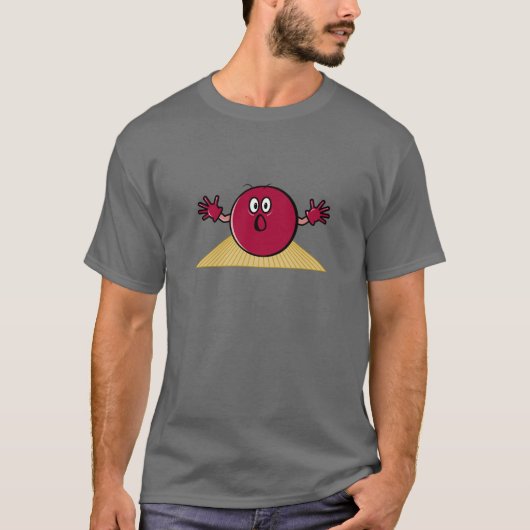おかしなボウリングのボールがアレーに向かって転がる様子を描いたカートゥーン Tシャツ (正面)