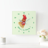 おかしな驚きの好奇心旺盛なオンドリ – カスタムテキスト スクエア壁時計 (ホーム)