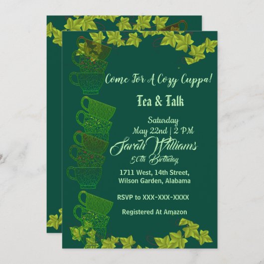 おくつろぎのカップ緑茶ティーカップ 午後茶会 50歳の誕生日 招待状 (正面/裏面)