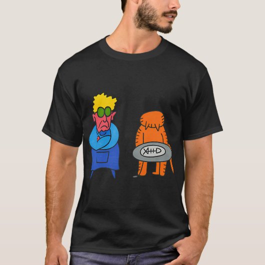 おこおこおばさんと罪悪感たっぷりネコ - 面白可笑しい手描きのカ Tシャツ (正面)