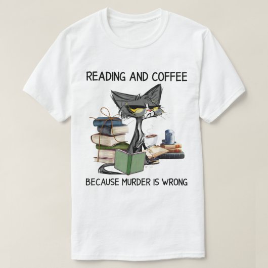 おこった猫の読書とコーヒー Tシャツ (デザイン正面)