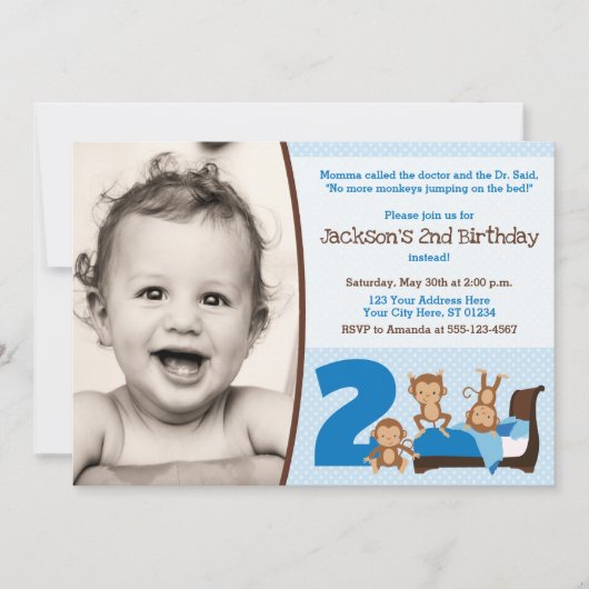 おさるがベッドでジャンプする誕生日招待状 招待状 (正面)