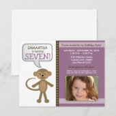 おさるさんと楽しく遊ぼう！誕生日パーティーのご招待（紫） 招待状 (正面/裏面)