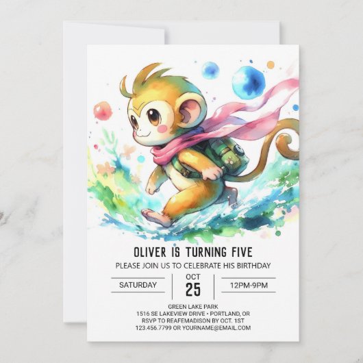 おさるの誕生日パーティー かわいいテンプレート 招待状 (正面)