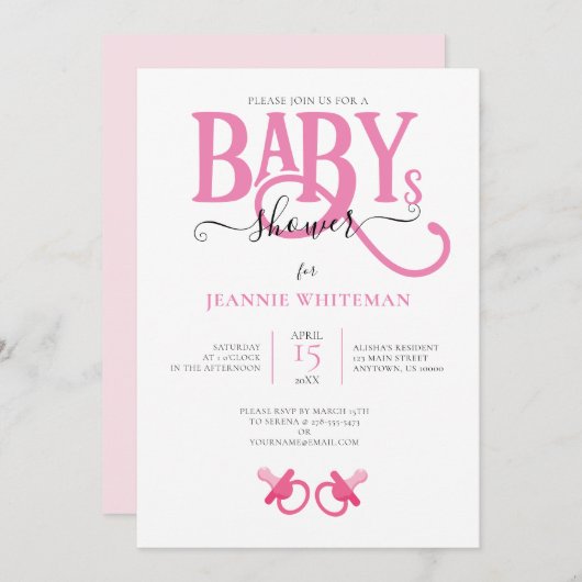 おしゃぶり付きピンクのツイン少女ベビーシャワー 招待状 (正面/裏面)
