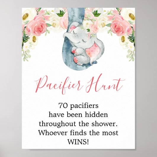 おしゃぶり狩りゲーム女の子の赤ちゃんシャワーエレファントサイン ポスター (正面)