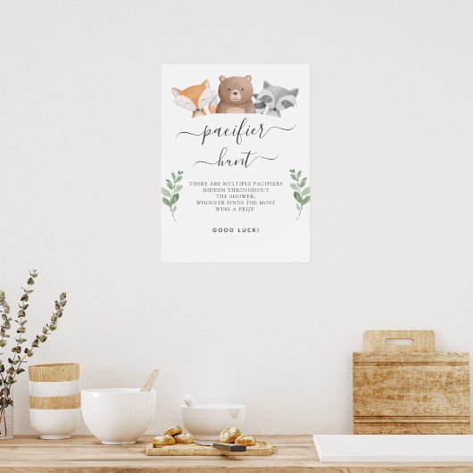 おしゃぶり狩り赤ちゃんシャワーゲームウッドランド動物 ポスター (キッチン)