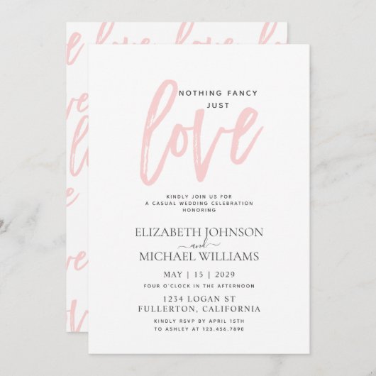 おしゃれすぎず愛だけ ピンク カジュアルウェディング 招待状 (正面/裏面)
