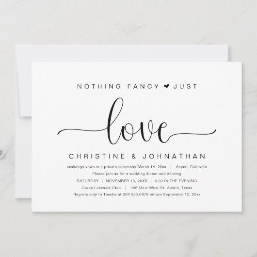 おしゃれすぎず愛だけ、結婚式の秘密の式のパーティー 招待状 (正面)