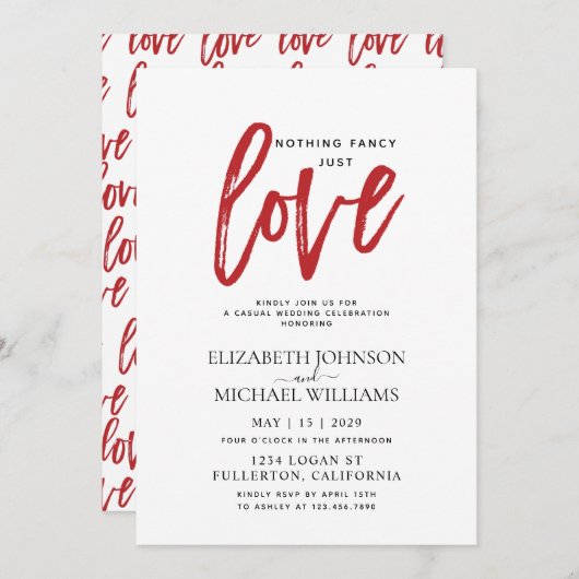 おしゃれすぎず愛だけ 赤カジュアルウェディング 招待状 (正面/裏面)