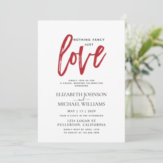 おしゃれすぎず 愛だけ 赤 カジュアル ウェディング 招待状 (スタンド正面)