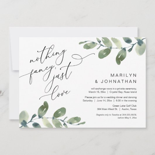 おしゃれすぎず、愛を込めた小さな結婚式のディナーグリーン 招待状 (正面)