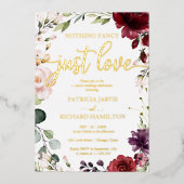 おしゃれすぎない愛だけの結婚式 ワインレッドの花 箔招待状 (正面)