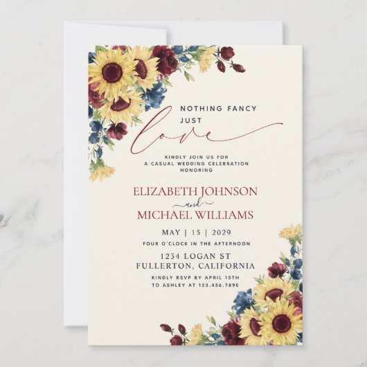 おしゃれすぎない、ただ愛を添えて - ヒマワリのブルーとバーガンディ 招待状 (正面)
